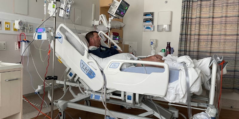 Paul at Wellington Hospital after his Westpac Rescue Helicopter rescue.